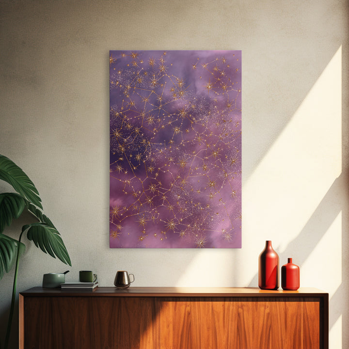 Gold Constellation Wall Art, Purple Astrology Sky Canvas, Celestial Zodiac Decor, Mystical Star Map Print For Bedroom Decor