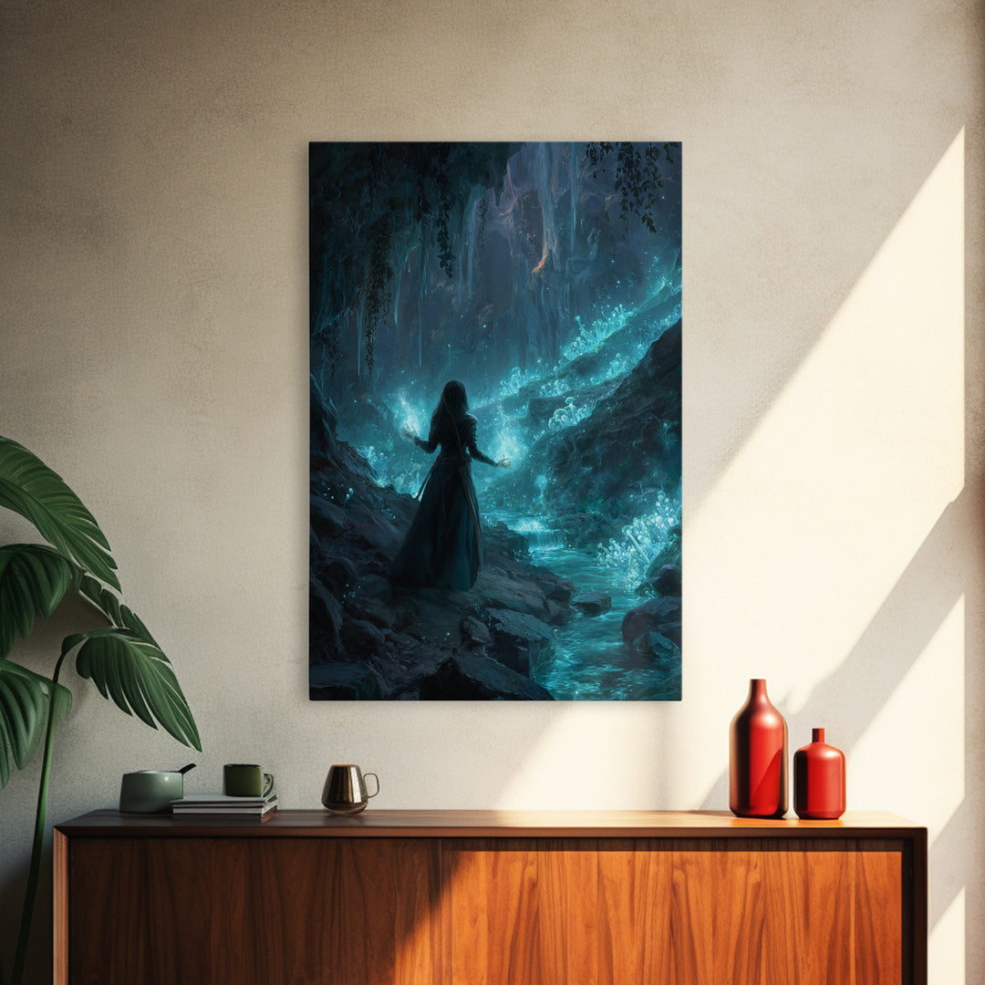 Glowing Crystal Cavern Sorceress Wall Art, Fantasy Art Print, Mystical Blue Cave Decor, Witchy Home Decor Gift For Her, Room Decor