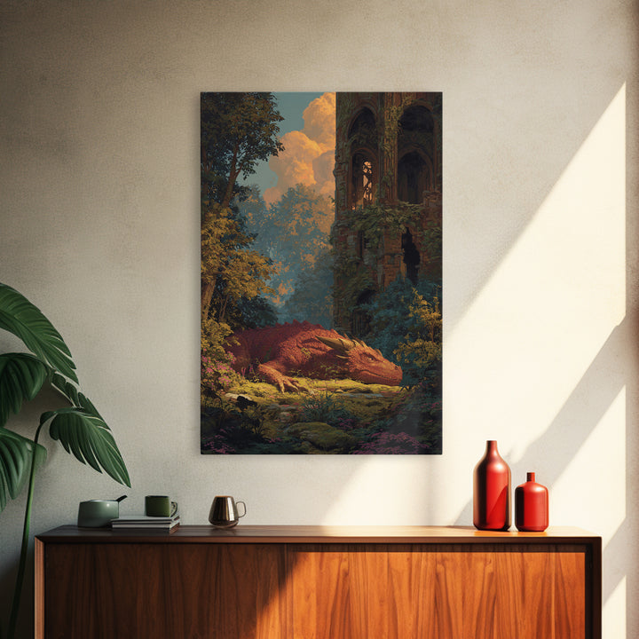 Sleeping Golden Dragon In Overgrown Ruins Canvas Print, Fantasy Wall Decor, Dragon Art, Storybook Castle Home Decor, Housewarming Gift