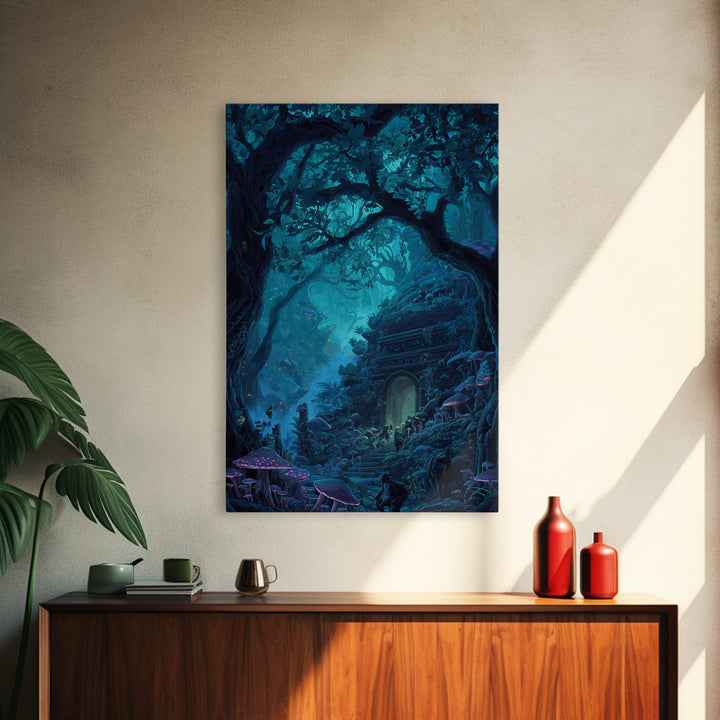 Enchanted Blue Forest Door Framed Canvas Print, Mushroom Wall Art, Fantasy Woodland Decor, Magical Library Art Print, Gift For Her