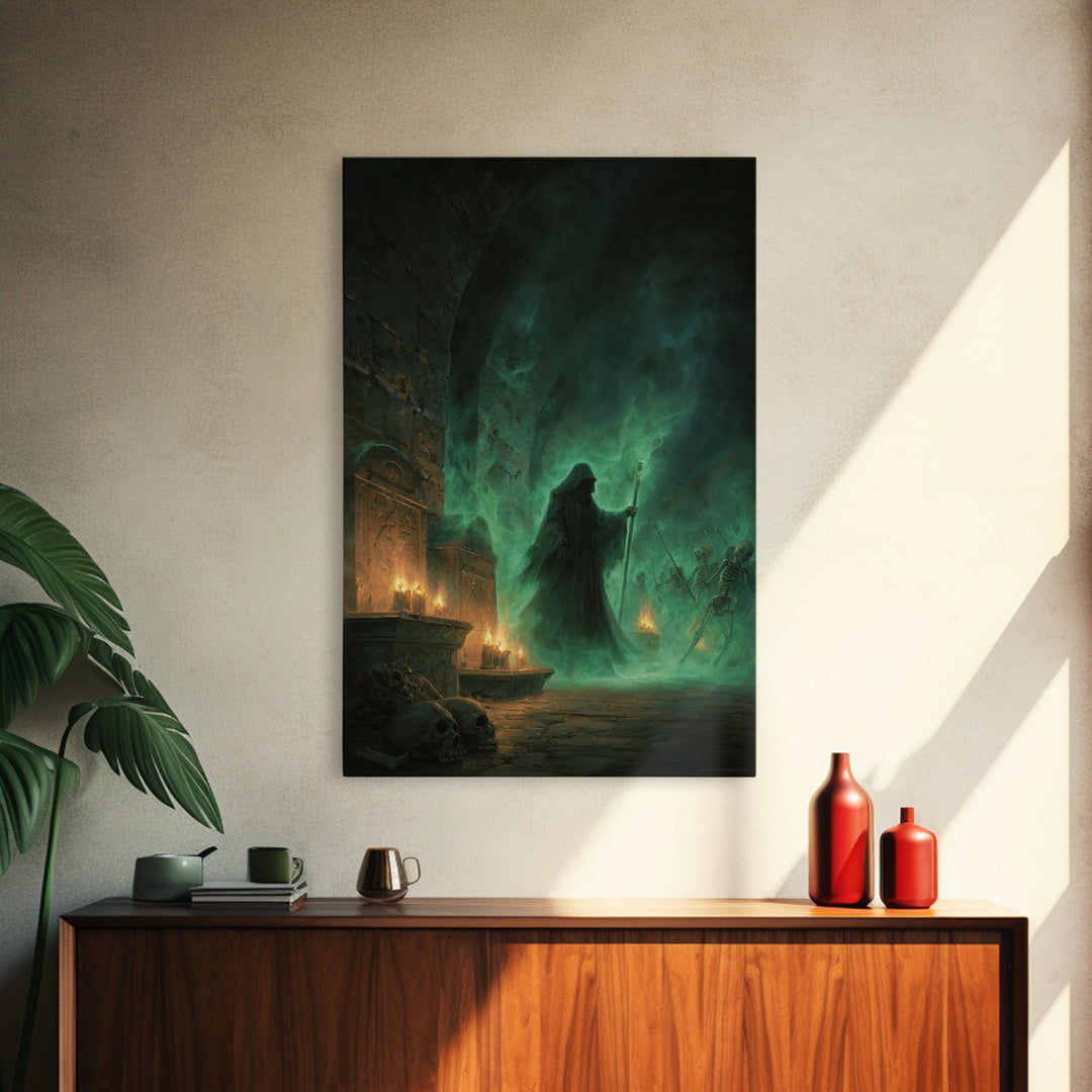 Green Necromancer Dungeon Wall Art, Dark Fantasy Canvas Print, Skeleton Gothic Decor, Witchy Macabre Home Decor, Gift For Him