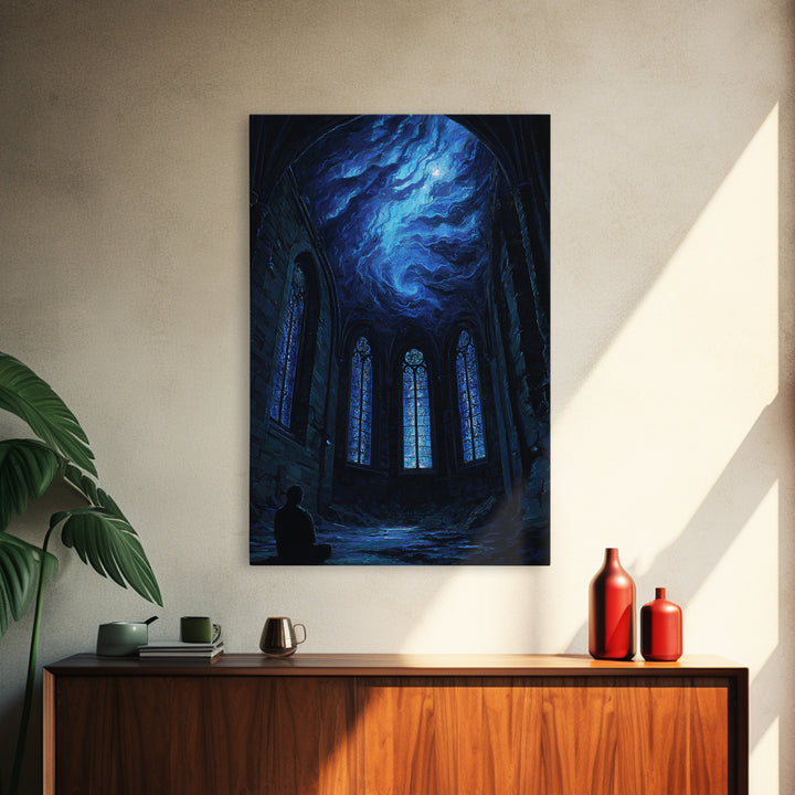 Blue Cosmic Chapel Ruins Canvas Print, Celestial Wall Art, Gothic Architecture Decor, Dark Academia Fantasy Art Print, Home Decor
