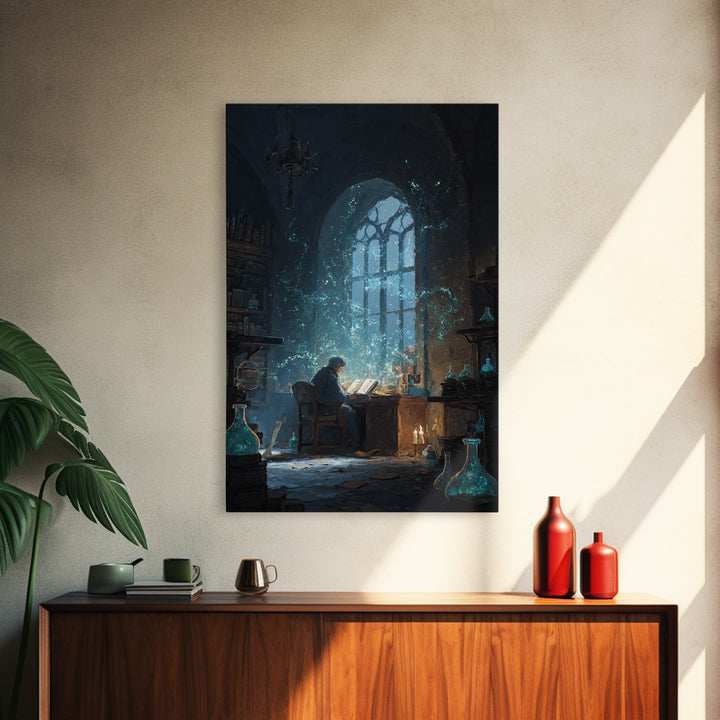 Alchemist Reading In Candlelit Library Framed Canvas Print, Dark Academia Wall Art, Wizard Study Decor, Bookish Gift For Readers