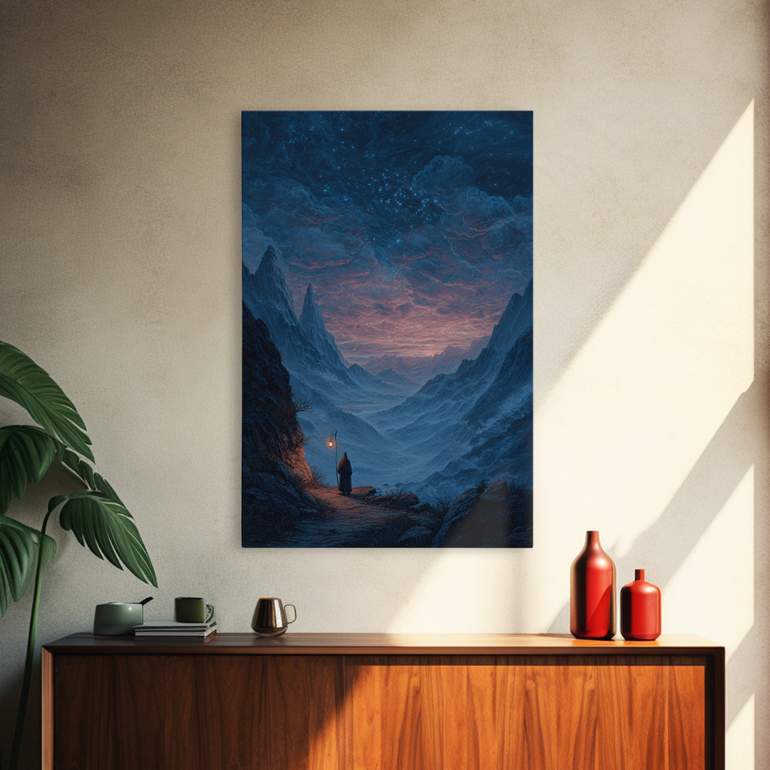 Starry Mountain Valley Pilgrim Wall Art, Fantasy Landscape Canvas Print, Celestial Night Sky Decor, Moody Blue Art Print