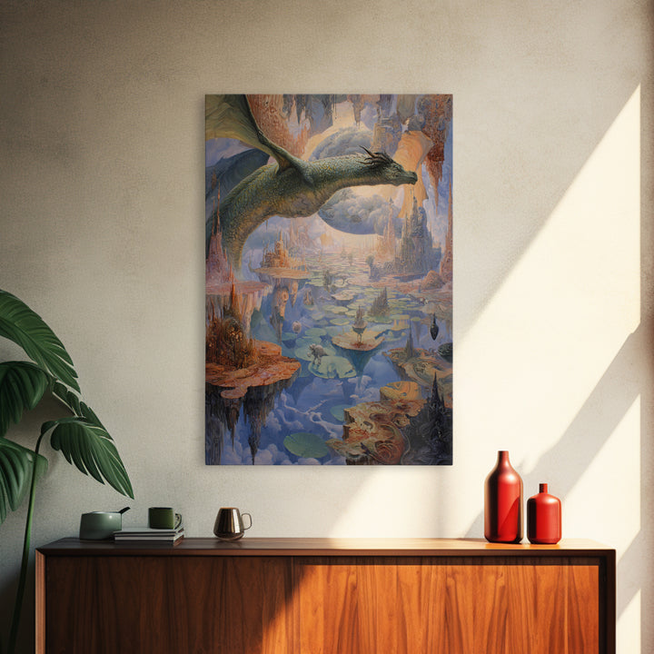 Giant Dragon Over Floating Kingdom Canvas Print, Fantasy Wall Art, Surreal Castle Landscape, Dreamy Storybook Decor, Gift For Her
