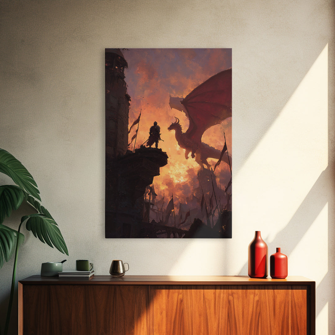 Knight Facing Red Dragon Wall Art, Epic Fantasy Canvas Print, Medieval Castle Decor, Dragon Artwork Gift For Him, Living Room Decor