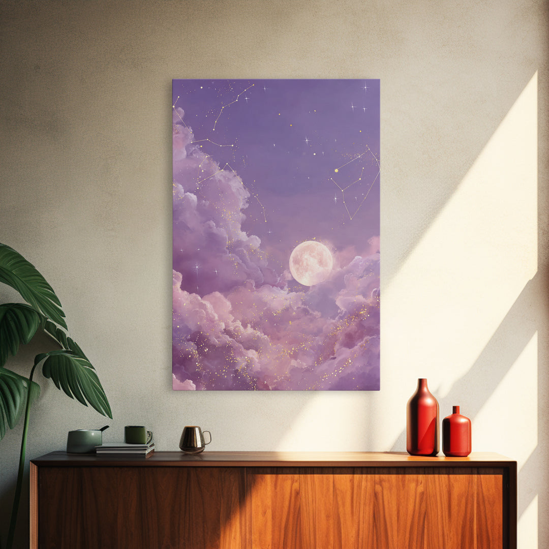 Full Moon Cloud Canvas Print, Lavender Celestial Sky Art, Zodiac Constellation Decor, Dreamy Nursery Wall Art For Bedroom