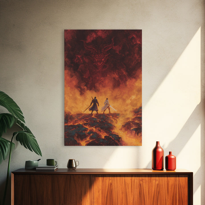 Fiery Demon And Lava Warriors Wall Art, Dark Fantasy Battle Canvas, Gothic Game Room Decor, Epic Dragon Gift For Him, Large Print