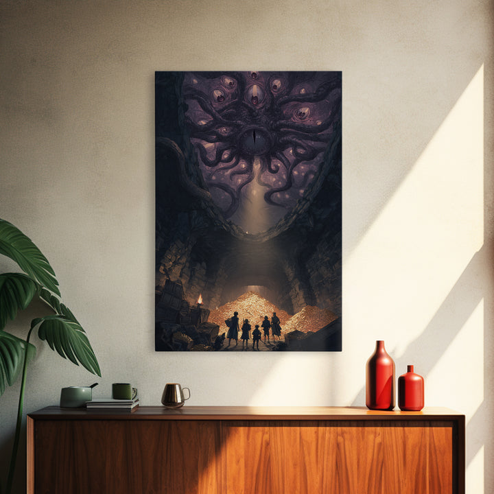 Eldritch Many Eyed Monster Framed Canvas Print, Dark Fantasy Cave Treasure Wall Decor, Gothic Horror Art For Game Room Gift