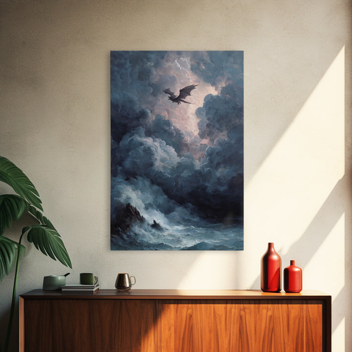 Storm Dragon Over Dark Ocean Wall Art, Gothic Fantasy Canvas Print, Moody Seascape Decor, Lightning Art Gift For Him, Large Print