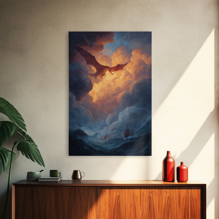 Golden Sky Dragon Above Stormy Sea Framed Canvas Print, Epic Fantasy Wall Art, Ocean Seascape Decor, Dragon Gift For Him