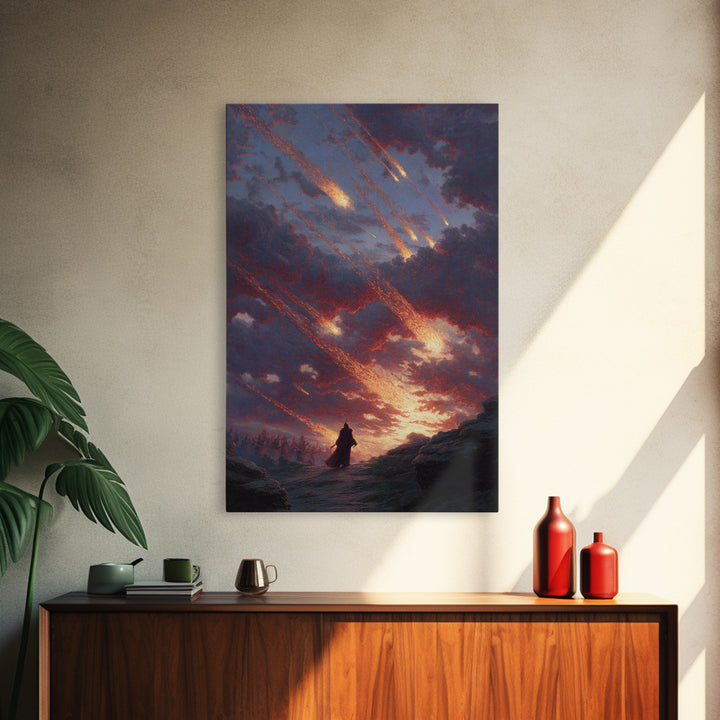Falling Meteors Over Lone Traveler Wall Art, Apocalyptic Fantasy Canvas Print, Dark Landscape Decor, Dramatic Sky Art Gift