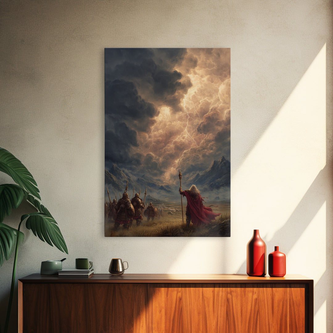 Warrior Army And Lightning Mage Framed Canvas Print, Epic Fantasy Wall Art, Mountain Landscape Decor, Viking Gift For Him