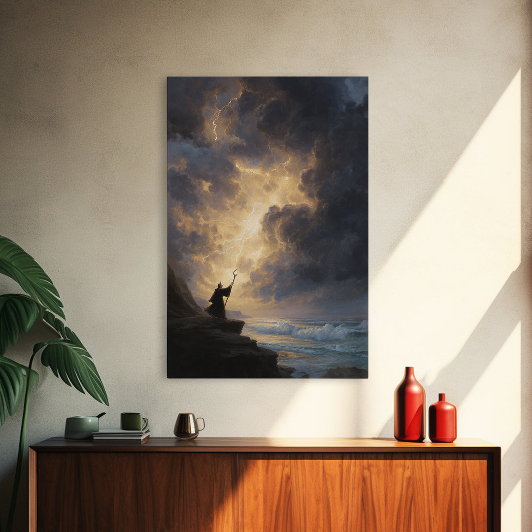 Storm Wizard On Sea Cliff Wall Art, Lightning Sky Canvas Print, Dark Fantasy Seascape Decor, Gothic Coastal Gift For Him