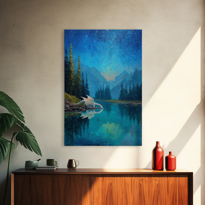 White Dragon Beside Starry Alpine Lake Wall Art, Fantasy Landscape Canvas Print, Blue Nature Decor, Dragon Nursery Gift For Kids