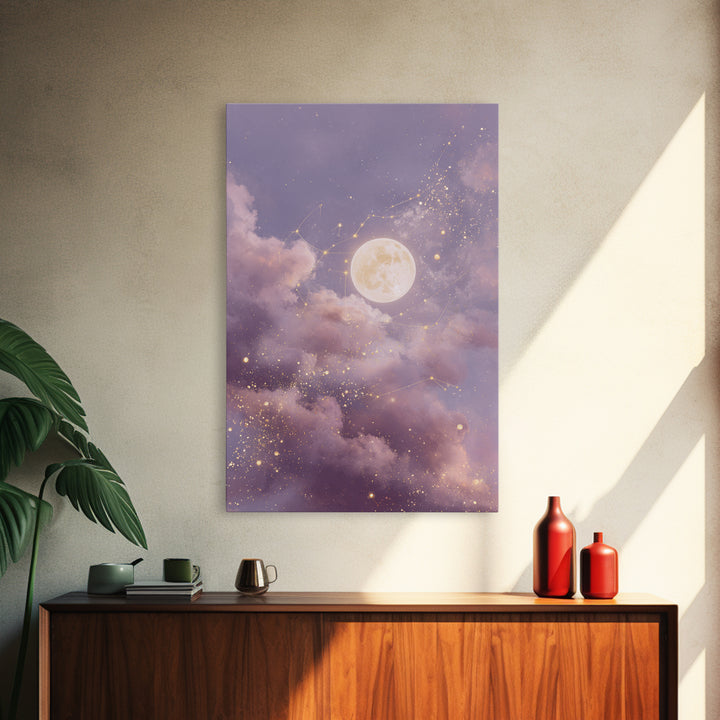 Glowing Moon And Star Cloud Wall Art, Lavender Celestial Canvas, Zodiac Constellation Decor, Dreamy Bedroom Print For Her