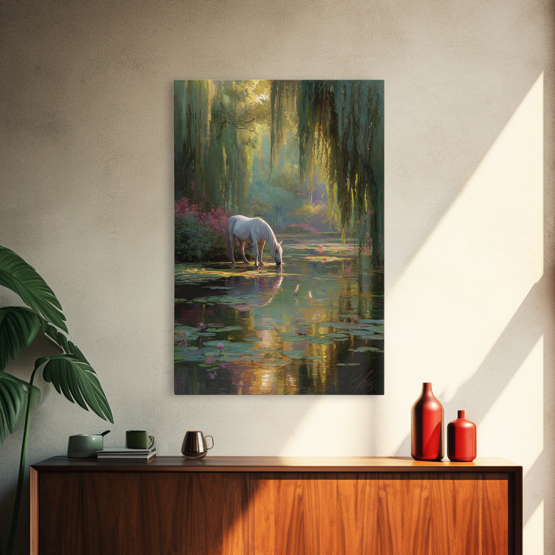 White Horse By Lily Pond Wall Art, Enchanted Forest Fantasy Canvas, Whimsical Nature Decor, Fairy Tale Living Room Art Print
