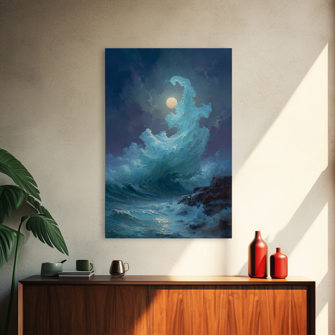 Moonlit Turquoise Wave Canvas Print, Dramatic Ocean Seascape Wall Decor, Coastal Fantasy Art For Bedroom And Living Room
