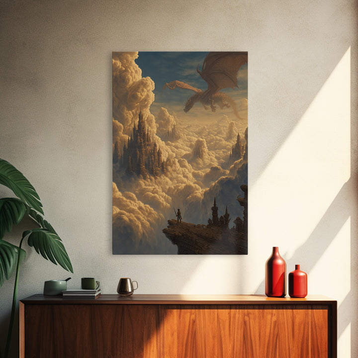Dragon Over Cloud Kingdom Framed Canvas Print, Epic Fantasy Castle Wall Decor, Mythical Adventure Art For Gamer Room Gift