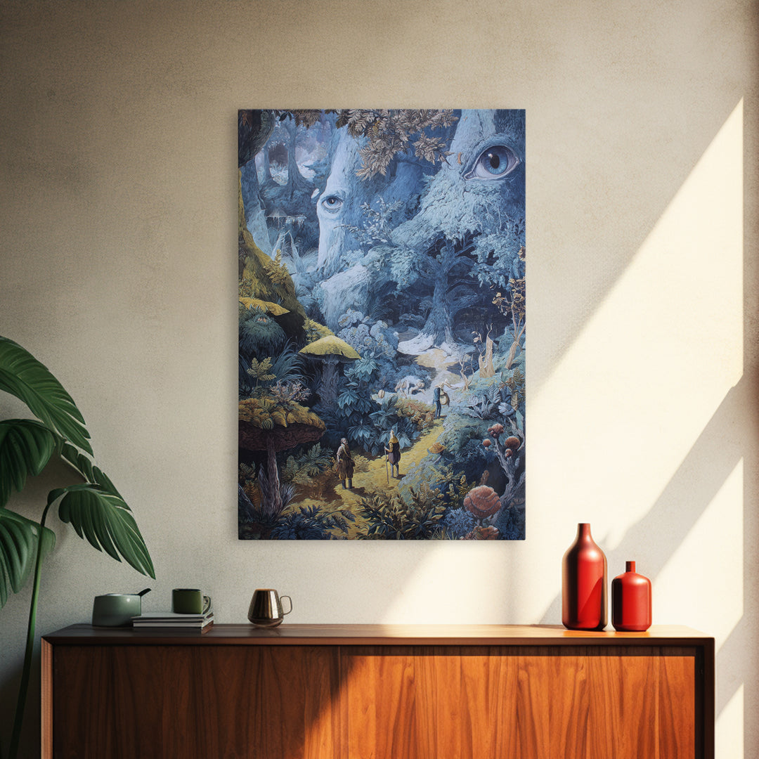 Ancient Forest Faces Wall Art, Surreal Mushroom Path Fantasy Illustration, Whimsical Woodland Decor For Reading Nook Canvas Print