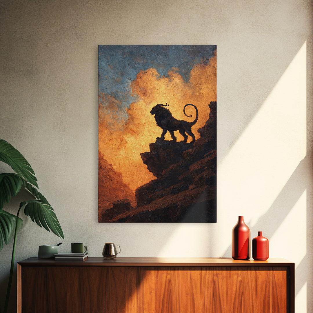 Black Lion On Sunset Cliff Canvas Print, Dramatic Wildlife Silhouette Wall Art, Rustic Safari Decor For Living Room Or Office