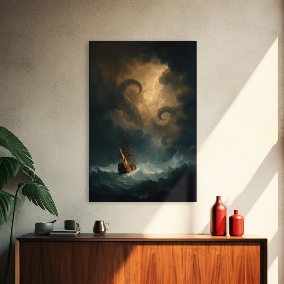 Kraken Sea Monster Wall Art, Stormy Ship Ocean Fantasy Painting, Dark Nautical Canvas Print For Gothic Coastal Decor Gift