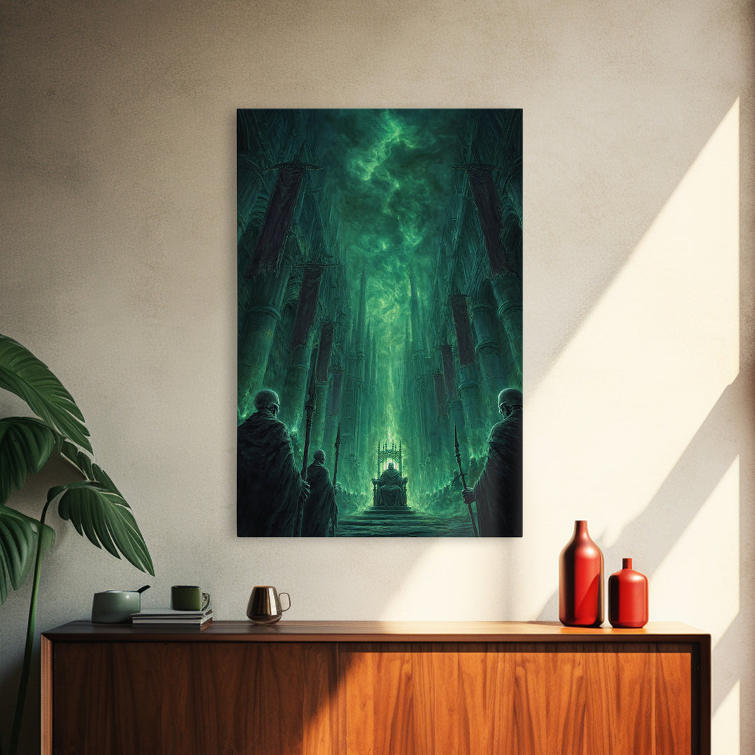 Emerald Gothic Throne Room Framed Canvas Print, Dark Fantasy Cathedral Wall Art, Moody Occult Decor For Office Or Library