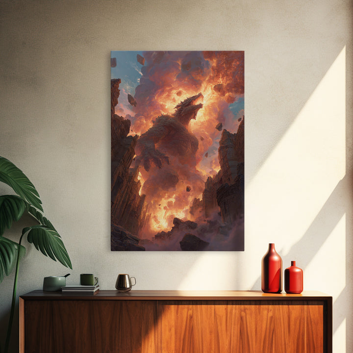 Titan Dragon Rising From Ruins Wall Art, Fiery Fantasy Monster Canvas Print, Epic Apocalyptic Decor For Gamer Room Gift