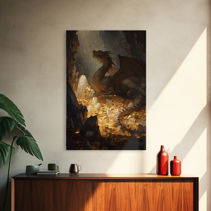 Dragon Guarding Crystal Treasure Framed Canvas Print, Dark Fantasy Cave Wall Art, Mythical Gold Hoard Decor For Gamer Room