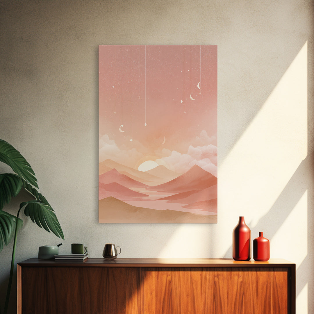 Peach Desert Sunrise Wall Art, Minimalist Moon Landscape Canvas, Boho Nursery Decor, Warm Neutral Bedroom Print Gift For Her