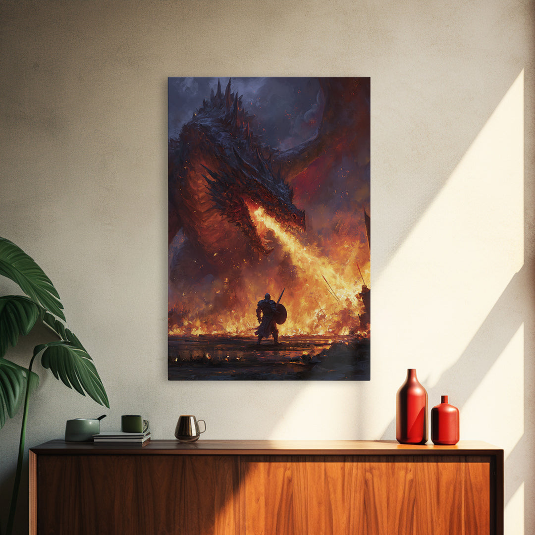 Fire Breathing Dragon Battle Wall Art, Dark Fantasy Canvas Print, Medieval Warrior Decor, Gothic Game Room Gift For Him Art