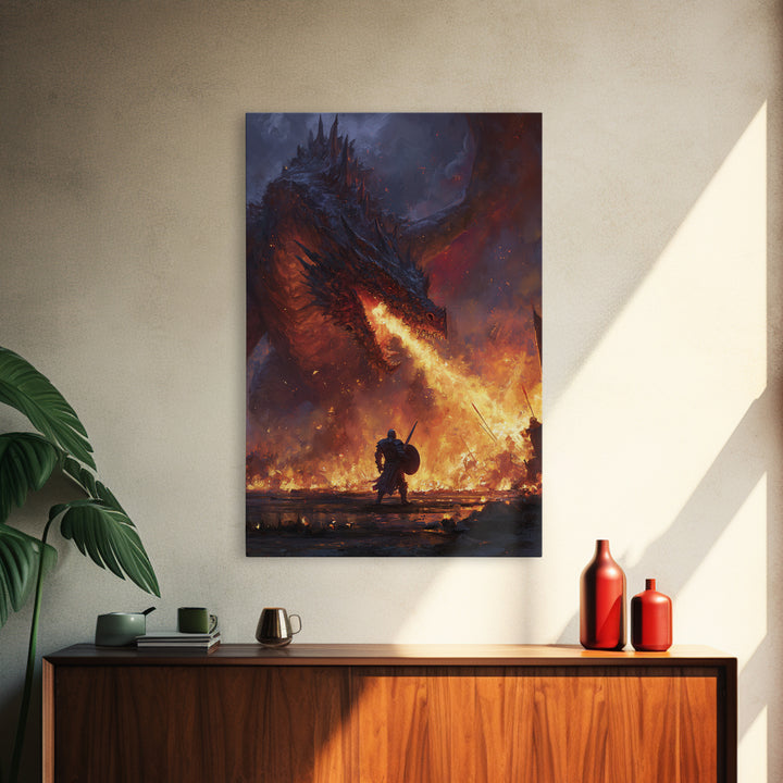 Fire Breathing Dragon Battle Wall Art, Dark Fantasy Canvas Print, Medieval Warrior Decor, Gothic Game Room Gift For Him Art