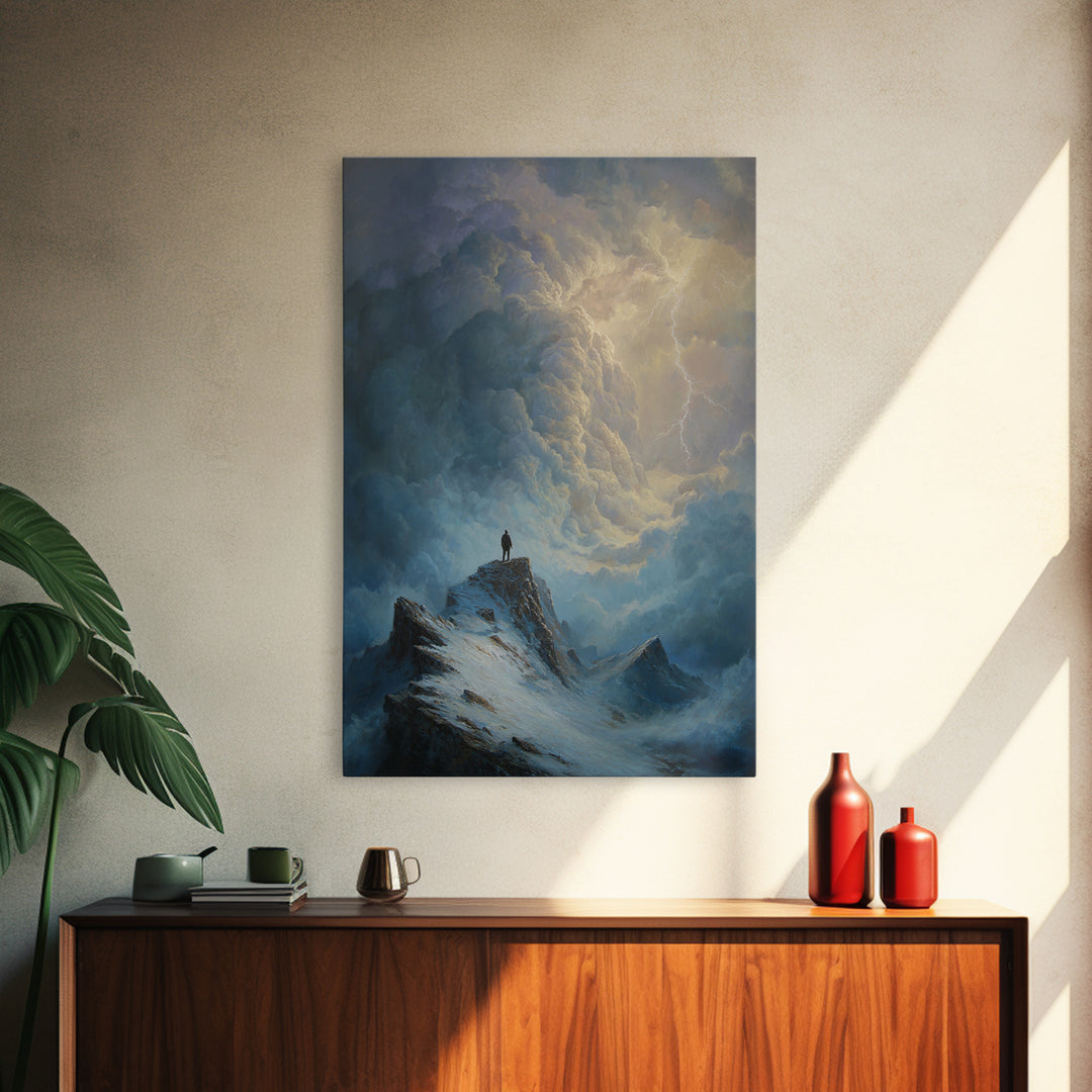 Lone Figure On Stormy Mountain Wall Art, Lightning Cloudscape Canvas Print, Moody Landscape Decor, Dark Academia Gift For Him