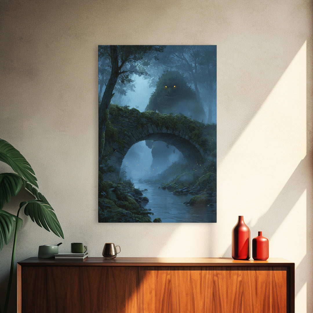 Glowing Eyed Forest Troll Wall Art, Enchanted Stone Bridge Canvas Print, Whimsical Fantasy Decor, Woodland Nursery Gift Art