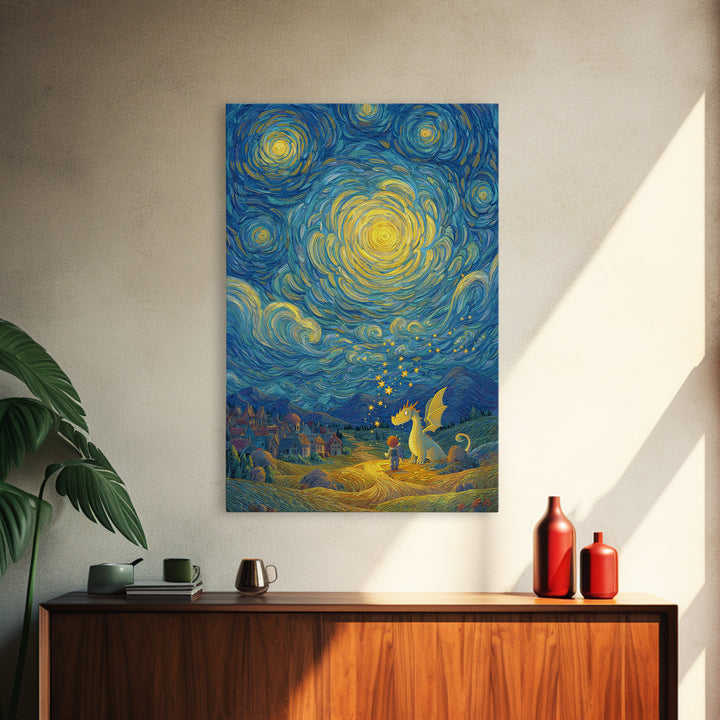 Star Swirled Child And Dragon Wall Art, Whimsical Fantasy Canvas Print, Nursery Decor, Celestial Kids Room Art Gift For Her