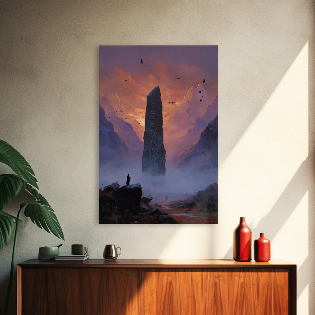 Misty Mountain Monolith Raven Large Canvas Print, Dark Fantasy Wall Art, Epic Landscape Art, Gothic Office Decor, Gift For Him