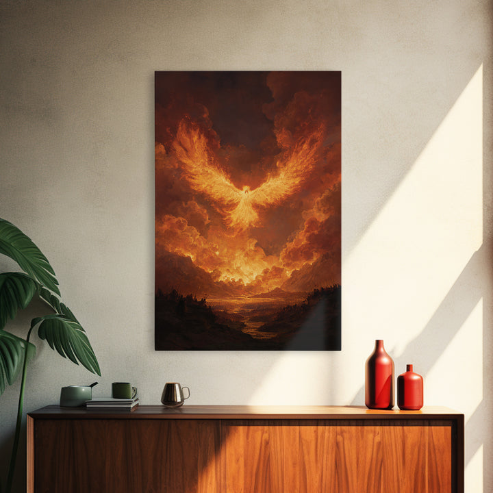 Blazing Phoenix Rising Canvas Print, Fantasy Wall Art, Firebird Painting, Mythical Creature Art, Dramatic Statement Decor