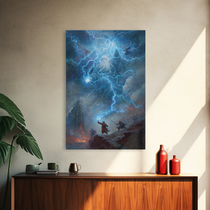 Electric Lightning Storm Giant Canvas Print, Dark Fantasy Wall Art, Epic Battle Painting, Mythological Art, Gothic Castle Decor