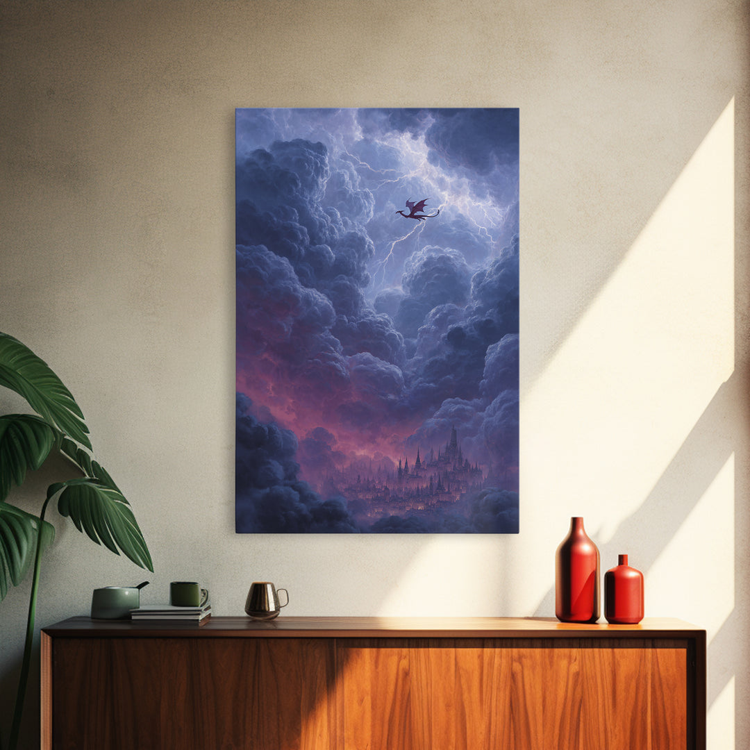 Dragon Over Cloud City Framed Canvas Print, Fantasy Wall Art, Stormy Castle Landscape, Gothic Nursery Decor, Gift For Him