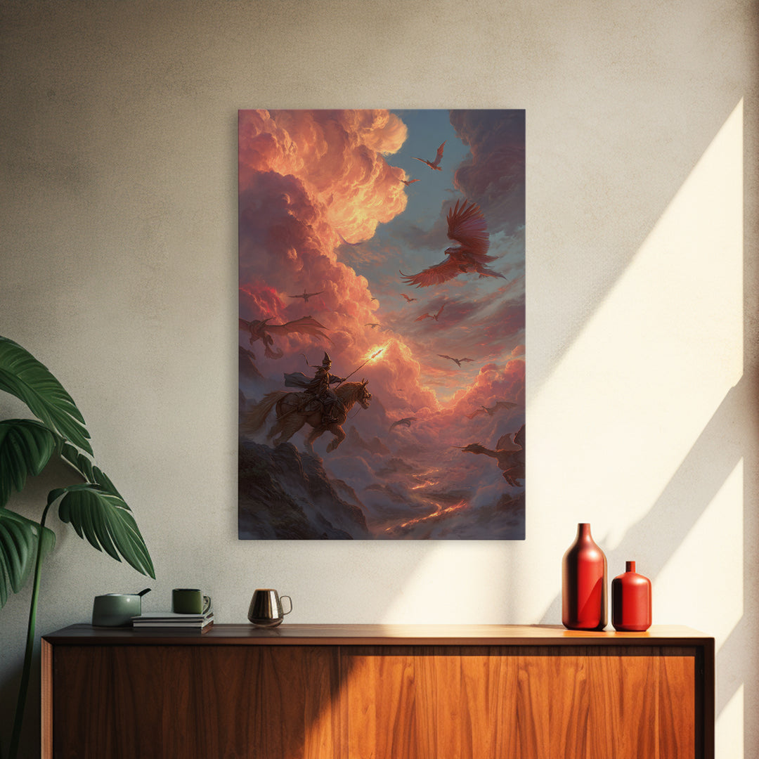 Knight And Phoenix Sunset Sky Battle Canvas Print, Fantasy Wall Art, Dragon Painting, Medieval Decor, Epic Statement Artwork