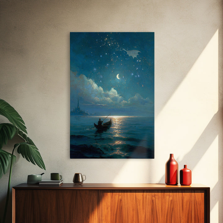 Moonlit Blue Boat And Castle Canvas Print, Celestial Wall Art, Fantasy Seascape Painting, Starry Night Decor, Gift For Her