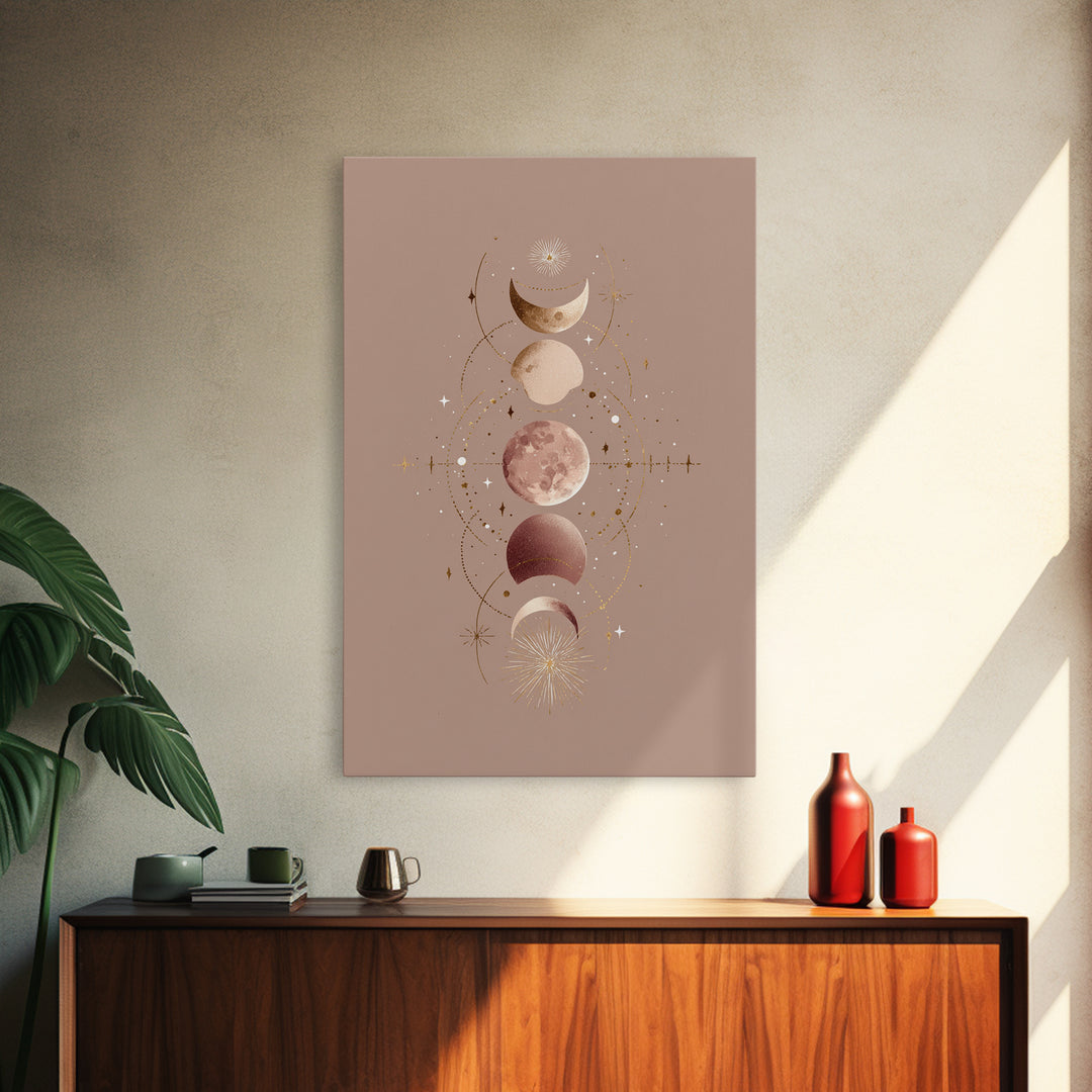 Moon Phases Celestial Wall Art, Taupe Boho Astrology Canvas, Mystical Lunar Decor, Minimalist Bedroom Print Gift For Her