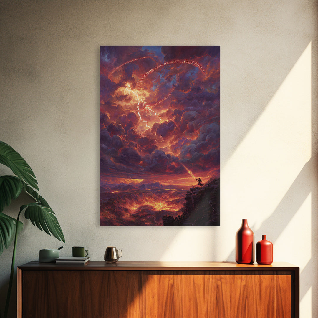 Firelit Lightning Dragon Storm Canvas Print, Fantasy Wall Art, Epic Landscape Art, Wizard Decor, Dramatic Home Decor Gift