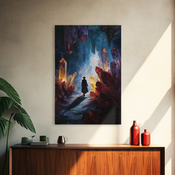 Glowing Crystal Cave Explorer Canvas Print, Fantasy Wall Art, Mystical Gemstone Cavern, Dark Academia Home Decor Gift For Him