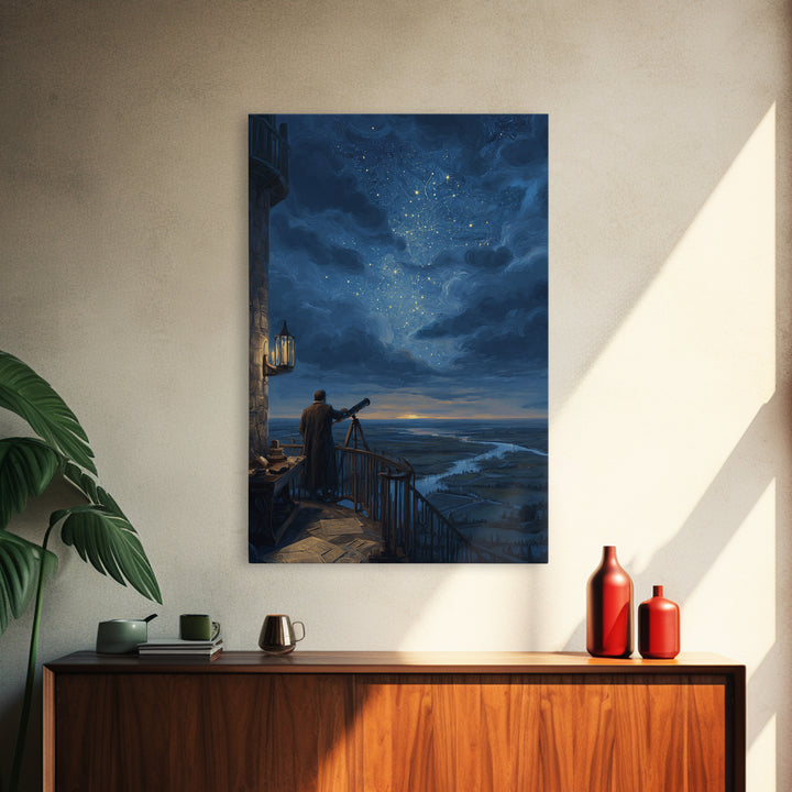 Stargazer Observatory Balcony Canvas Print, Celestial Wall Art, Astronomy Poster, Night Sky Decor, Gift For Space Lover Decor
