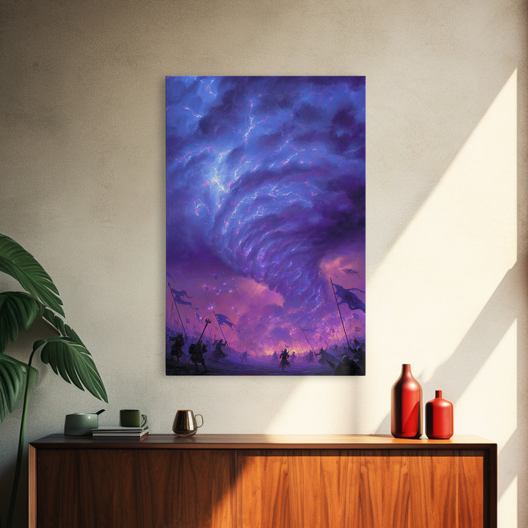 Purple Tornado Battle Storm Canvas Print, Fantasy Wall Art, Dark Magic Landscape, Epic Game Room Decor, Dramatic Gift For Him