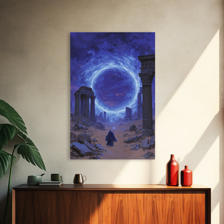 Ancient Ruins Blue Portal Canvas Print, Fantasy Wall Art, Magical Desert Landscape, Wizard Decor, Surreal Home Decor Gift