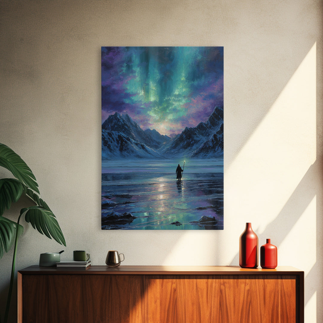 Northern Lights Mountain Lake Canvas Print, Aurora Wall Art, Fantasy Landscape Painting, Nordic Decor, Calming Home Decor Gift
