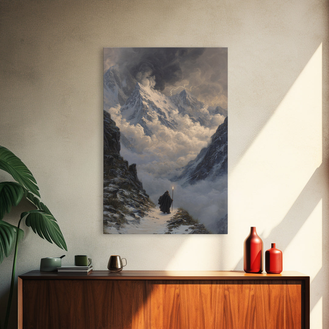 Stormy Snow Mountain Pass Canvas Print, Fantasy Wall Art, Moody Landscape Painting, Adventure Decor, Dramatic Home Decor