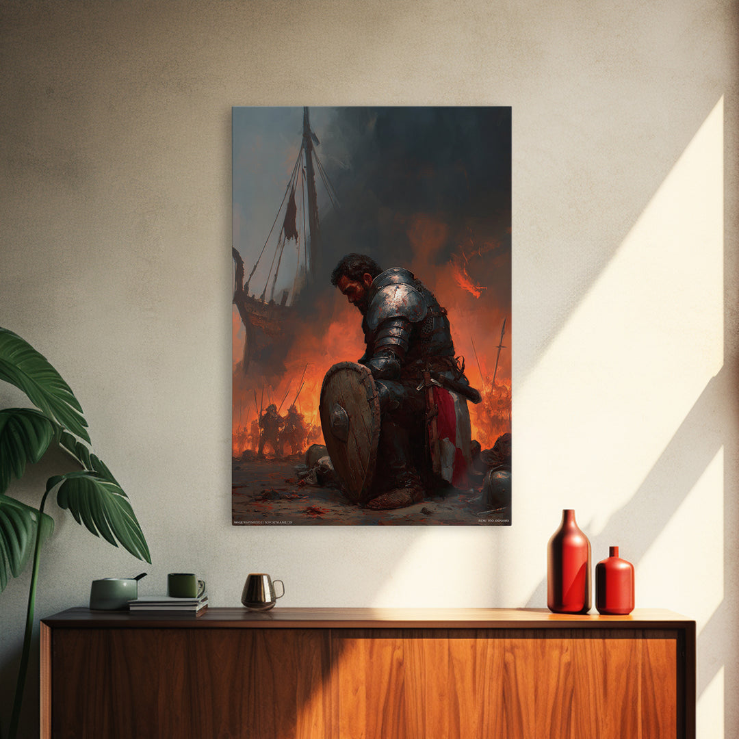 Kneeling Armored Warrior Canvas Print, Dark Fantasy Wall Art, Medieval Battle Scene, Viking Decor, Gift For Him Home Decor